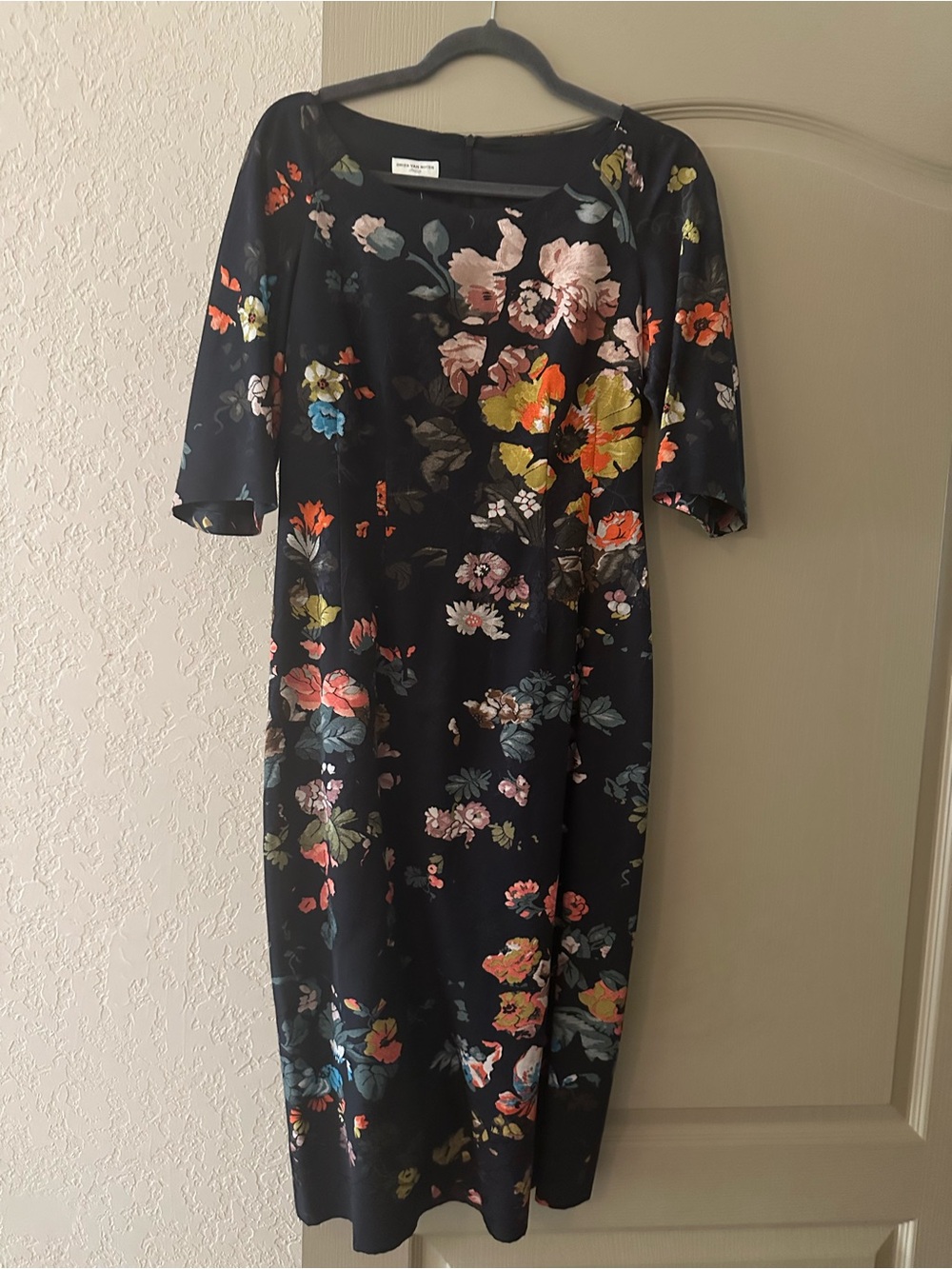 Dries Van Noten Navy Floral Midi Dress with Multicolor Blooms